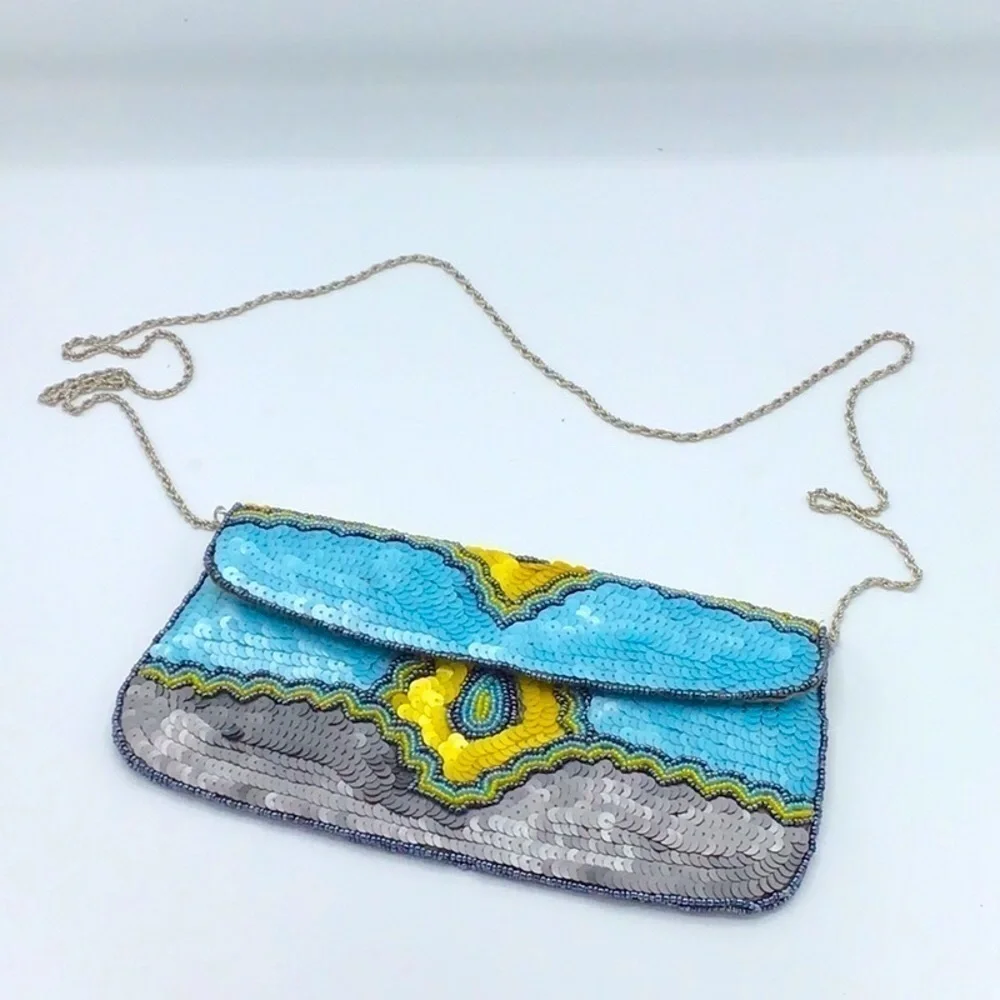 KC MALHAN AQUA BALI SEQUIN BEADED CLUTCH HANDBAG